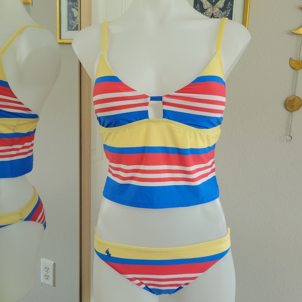POLO Ralph Lauren Striped Tankini 2 Piece Bikini Set S NWT Yellow Red Blue White